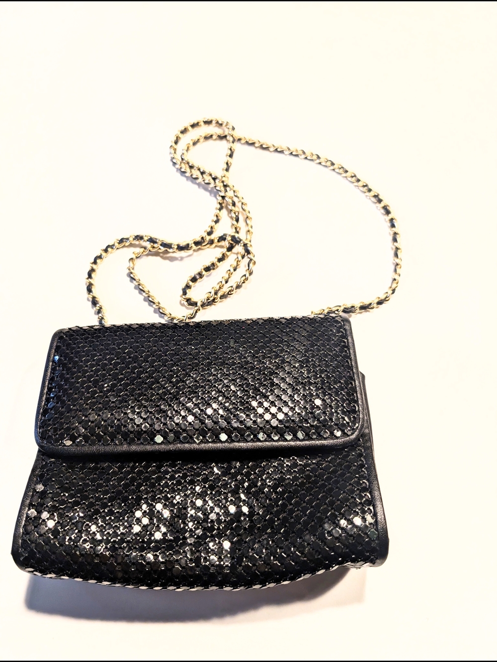 Whiting & Davis Black Sequined Crossbody with Gold Chain